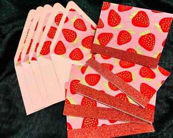 Strawberry Note Card Set: Handmade Glitter Stationery, Summer Thank You Notes