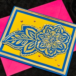 Floral Gold Foil Handmade Card: Yellow & Blue Indian Design