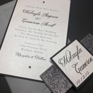 Charcoal glitter bellyband invitation, handmade wedding invitation, glitter invitation, wedding invitation suite, silver and black wedding