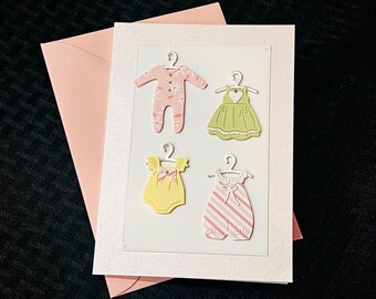 Baby shower card, baby girl clothes card, cute congratulations greeting, handmade, pink, mom to be
