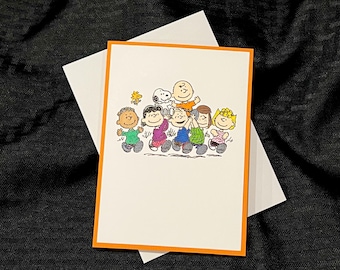 Peanuts greeting card, Charlie Brown and the gang, minimalist blank card, handstamped