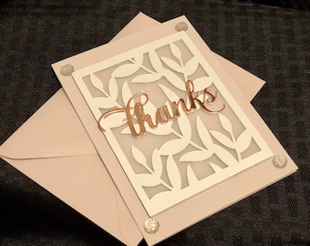 Handmade Taupe Thank You Card: Rose Gold Metallic Leaves