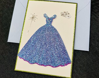 Glinda blue dress card, Wicked for Good, fancy princess gown card, luxe handmade greeting