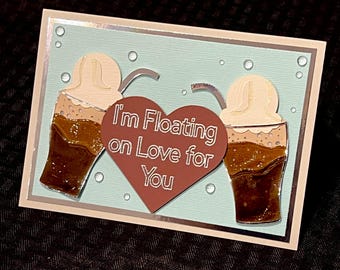 Root Beer Float Anniversary Card, Embossed Handmade Greeting Card