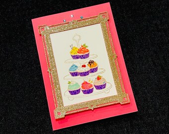 Handmade 3D Cupcake Card: Pink Dessert Stand, All Occasion