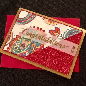 Indian wedding card wedding greeting card handmade cards red and gold luxury engagement red glitter embellished Indian bride image 1