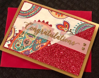 Indian wedding card | wedding greeting card | handmade cards | red and gold | luxury | engagement | red glitter | embellished | Indian bride