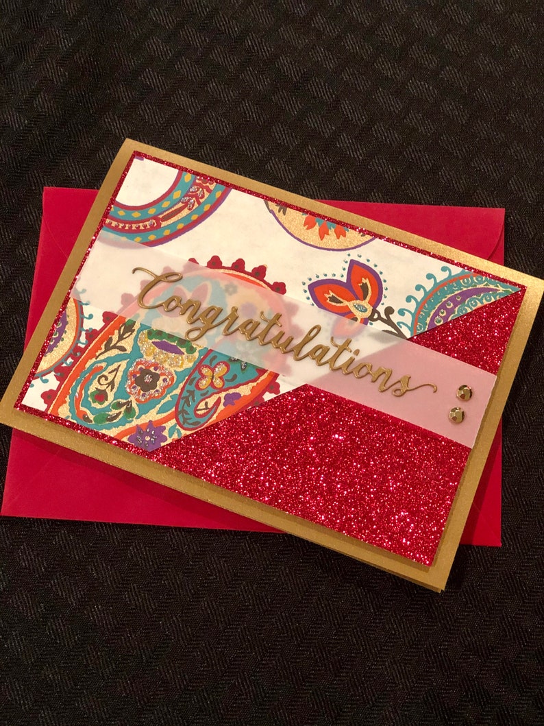 Indian wedding card wedding greeting card handmade cards red and gold luxury engagement red glitter embellished Indian bride image 1