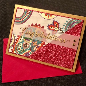 Indian wedding card wedding greeting card handmade cards red and gold luxury engagement red glitter embellished Indian bride image 3