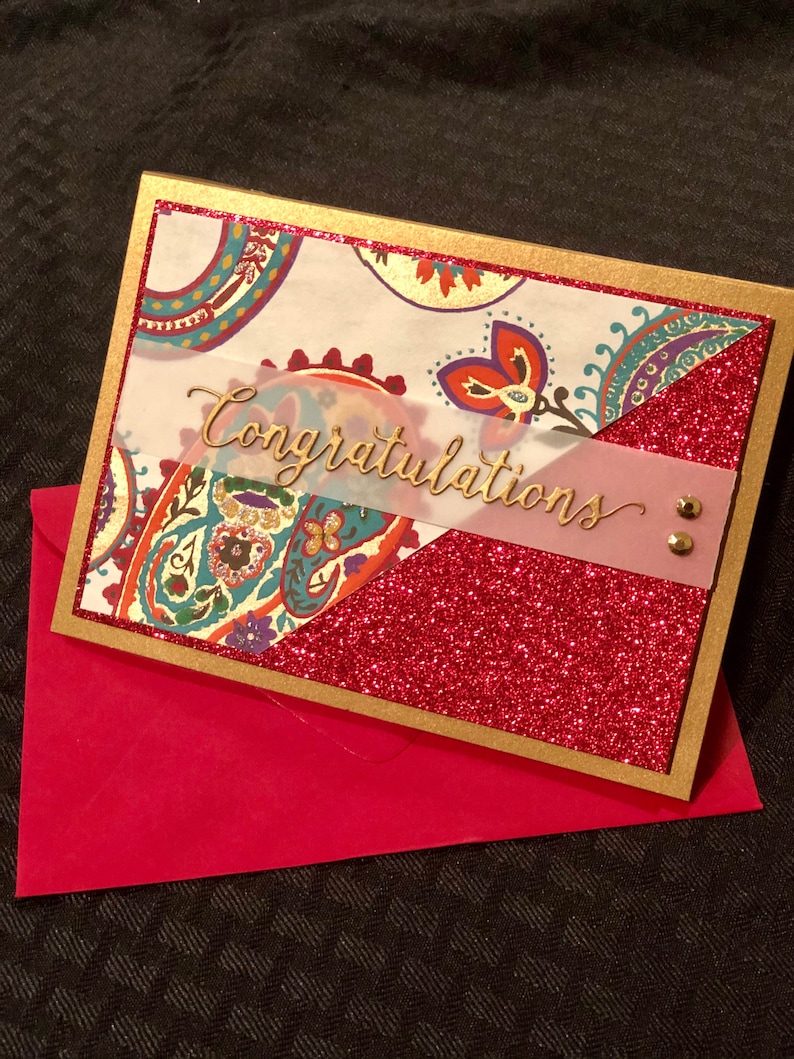 Indian wedding card wedding greeting card handmade cards red and gold luxury engagement red glitter embellished Indian bride image 3