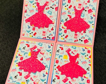 Pink dress cards, sparkly pink stationery, handmade greeting card set, blank inside, for little girl, thank you cards, kids cards