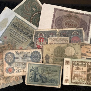 May include: A collection of vintage banknotes from different countries, including Germany, Poland, and Japan. The banknotes are in various denominations and feature different designs, including portraits, national symbols, and geometric patterns.
