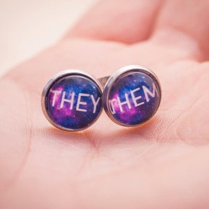 They/them pronoun earrings stud or hanging LGBTQ gift image 1