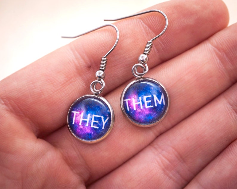 They/them pronoun earrings stud or hanging LGBTQ gift image 9