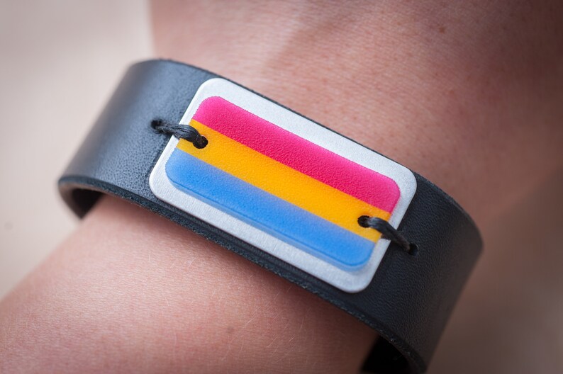 Pansexual flag leather snap bracelet