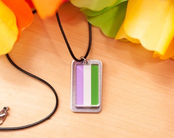 Genderqueer pride flag necklace - lgbt dog tag necklace