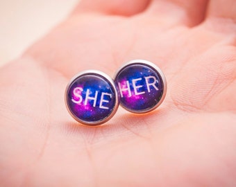 She/her pronoun earrings - stud or hanging - LGBTQ gift