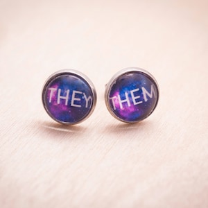 They/them pronoun earrings stud or hanging LGBTQ gift image 2