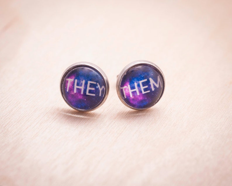 They/them pronoun earrings stud or hanging LGBTQ gift image 2