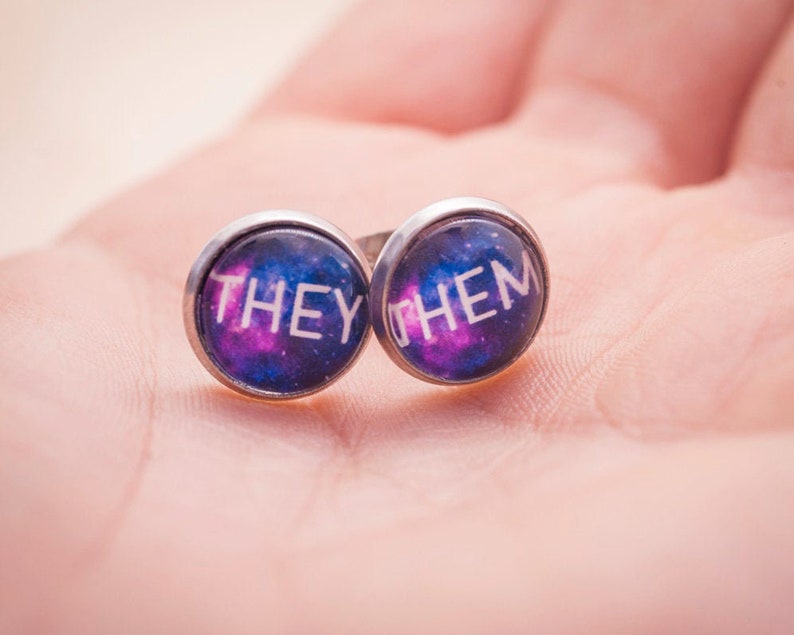 They/them pronoun earrings stud or hanging LGBTQ gift image 1