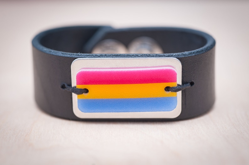 Pansexual flag leather snap bracelet