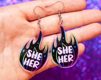 She/Her pronoun acrylic earrings - statement earrings - LGBTQ+ nonbinary earrings