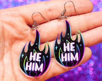 He/Him pronoun acrylic earrings - statement earrings - LGBTQ+ nonbinary earrings