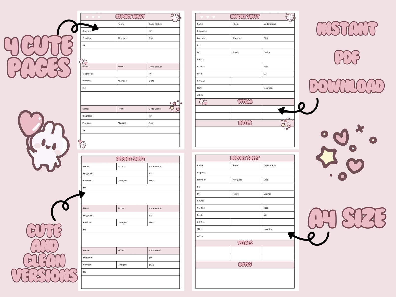 Cute Bunny Nursing Report Sheet. 1 and 3 Patient Report Sheet. Med Surg ...