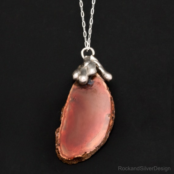 Agate geode rough cut pendant with silver bail