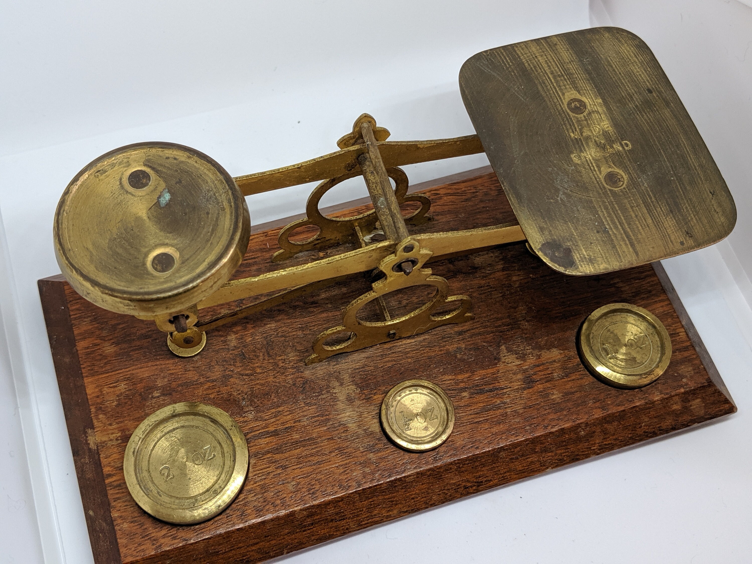 Antique Edwardian Brass and Oak Postal Scales for Letters 