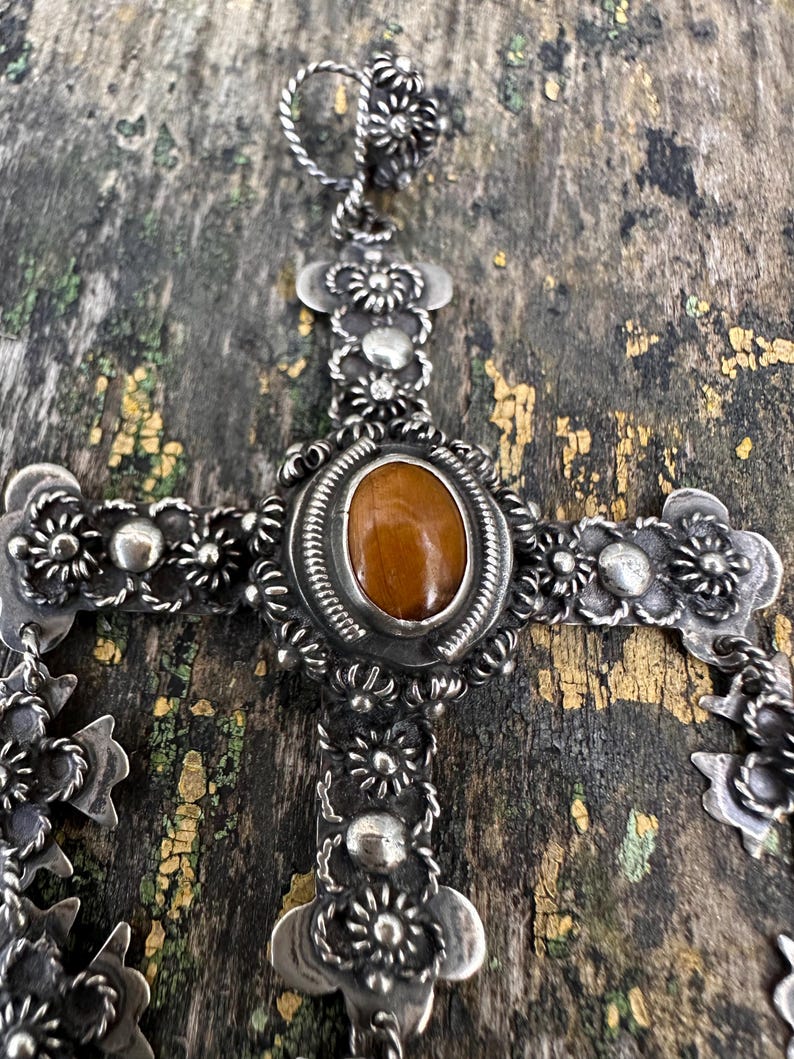 Vintage Mexican Sterling Silver Cross Pendant With Tiger’s Eye Stone ...