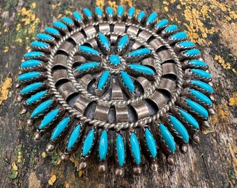 Vintage Zuni Turquoise Cluster Brooch Pendant – Sterling Silver Native American Jewelry