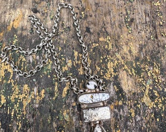 Sterling Silver Dendritic & Plume Agate Statement Necklace | One of a Kind Chunky Boho Pendant | Artisan Handmade Natural Stone Jewelry
