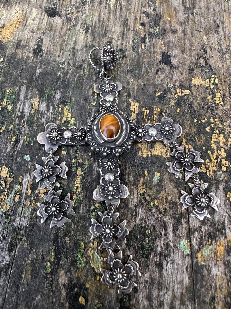 Vintage Mexican Sterling Silver Cross Pendant With Tiger’s Eye Stone ...