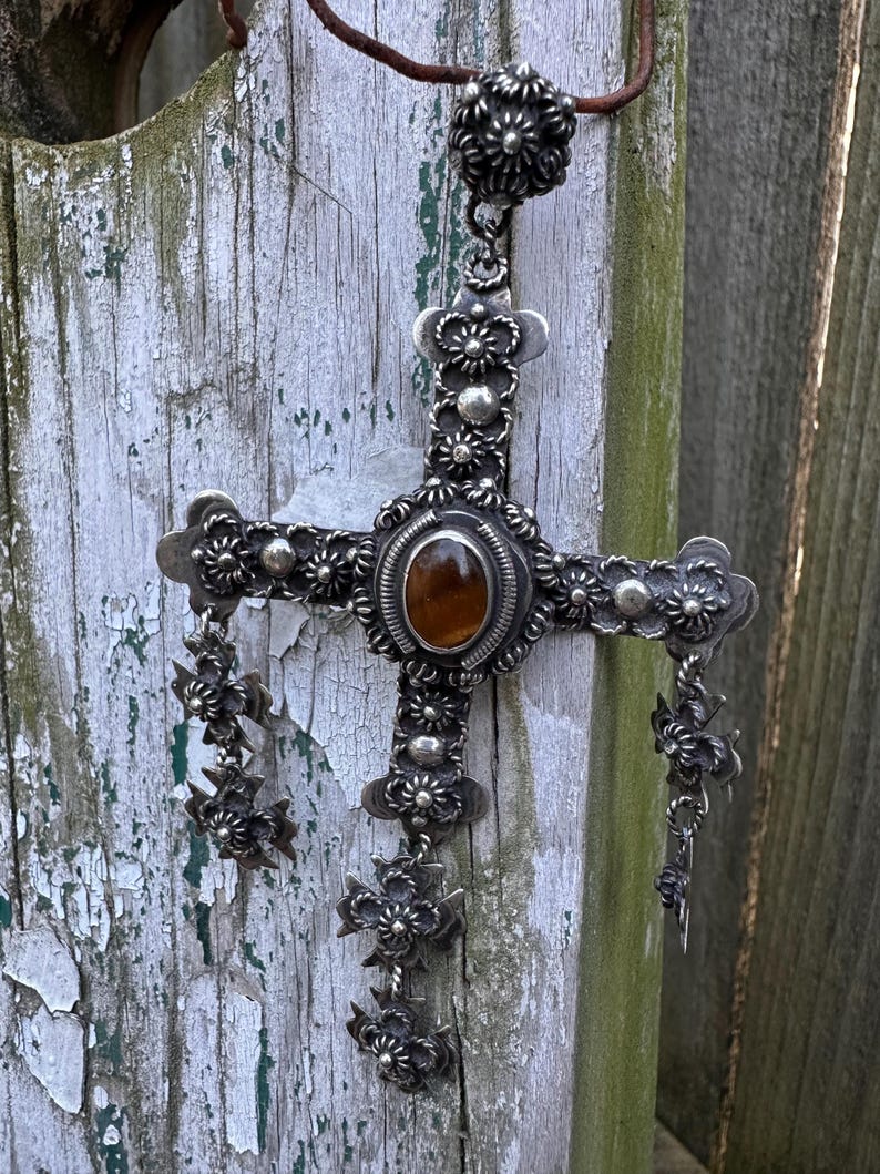 Vintage Mexican Sterling Silver Cross Pendant With Tiger’s Eye Stone ...