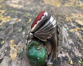 Amazing Vintage Sterling Silver Turquoise, Corral, Statement Ring, Native Ring