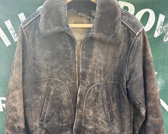 Vintage Distressed Leather Aviator Bomber Jacket Shearling Collar Brown Flight Jacket 70s 80s Style