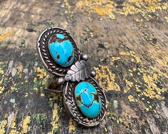 Vintage Sterling Silver Double Turquoise Statement Ring | Southwest Boho Jewelry | Handmade Leaf Detail | Size [8.5]