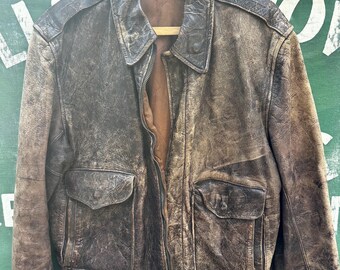 Vintage Roughneck Leather Jacket Distressed Brown Black Motorcycle Biker Workwear Jacket 1970s 80s Style