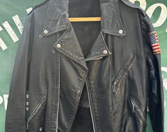 Vintage Black Leather Motorcycle Biker Jacket USA Flag Patch Asymmetrical Zip Moto Jacket