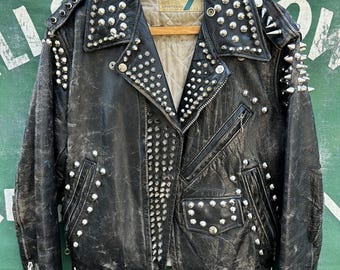 Vintage Studded Leather Motorcycle Jacket, Punk Rock Biker Jacket, Heavy Metal Spiked Brando Jacket, Distressed Black Leather