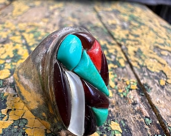 Vintage Sterling Silver Multi-Stone Inlay Turquoise Coral Onyx Mother of Pearl | Bold Southwest Zuni Style | Size  12.5