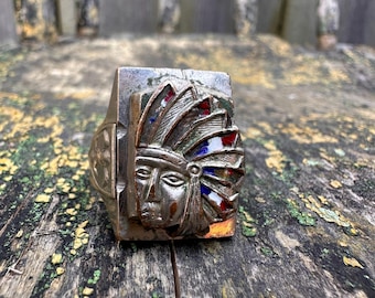 Vintage Native American Chief Ring – Large Men’s Statement Ring with Enamel Details – Mexican Biker Ring