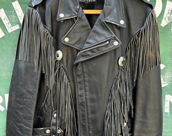 Vintage Schott NYC Black Leather Fringe Motorcycle Jacket Western Biker Concho Jacket USA