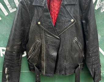 Vintage Black Leather Motorcycle Jacket Distressed Biker Jacket Red Quilted Lining Heavy Leather Moto Jacket Punk Rock