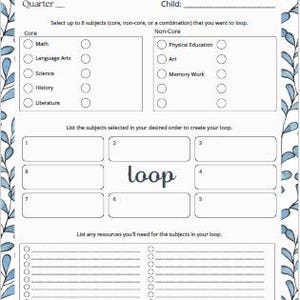 May include: A printable loop schedule worksheet with a blue floral border. The worksheet includes sections for selecting subjects, listing resources, and creating a loop schedule. The word "loop" is written in large, bold letters.