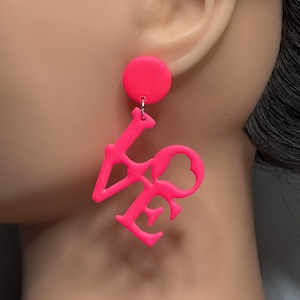 Bright Pink Neon Love Earrings made with Polymer Clay