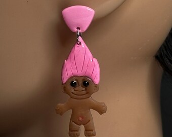 Troll Earrings with Pink Hair ~ Handmade with Polymer Clay