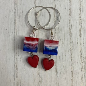 Red, White and Blue Earrings, Handmade with Resin