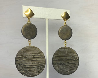 Long 3 3/4" Unique Black with Gold Hues Earrings with Gold Posts